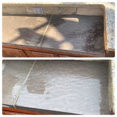 Before and after shots of a driveway in Williamsburg VA that received power washing services from LBL Softwash