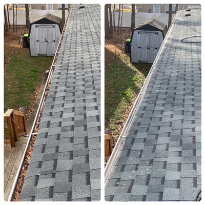 Before and after shots of a home in Virginia Beach VA that received gutter cleaning services from LBL Softwash