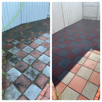 Before and after shots of a patio in Richmond VA that received power washing services from LBL Softwash